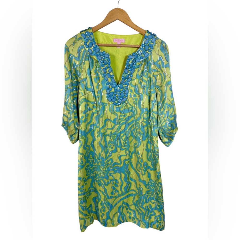 Lilly Pulitzer Silk Beaded Tunic Top Green Blue Print Embellished Size 2
